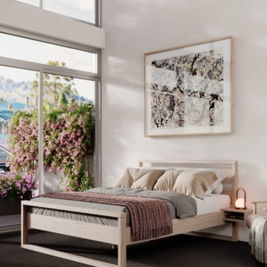 Natural wood Salerno bed 160x210 in a bright modern bedroom