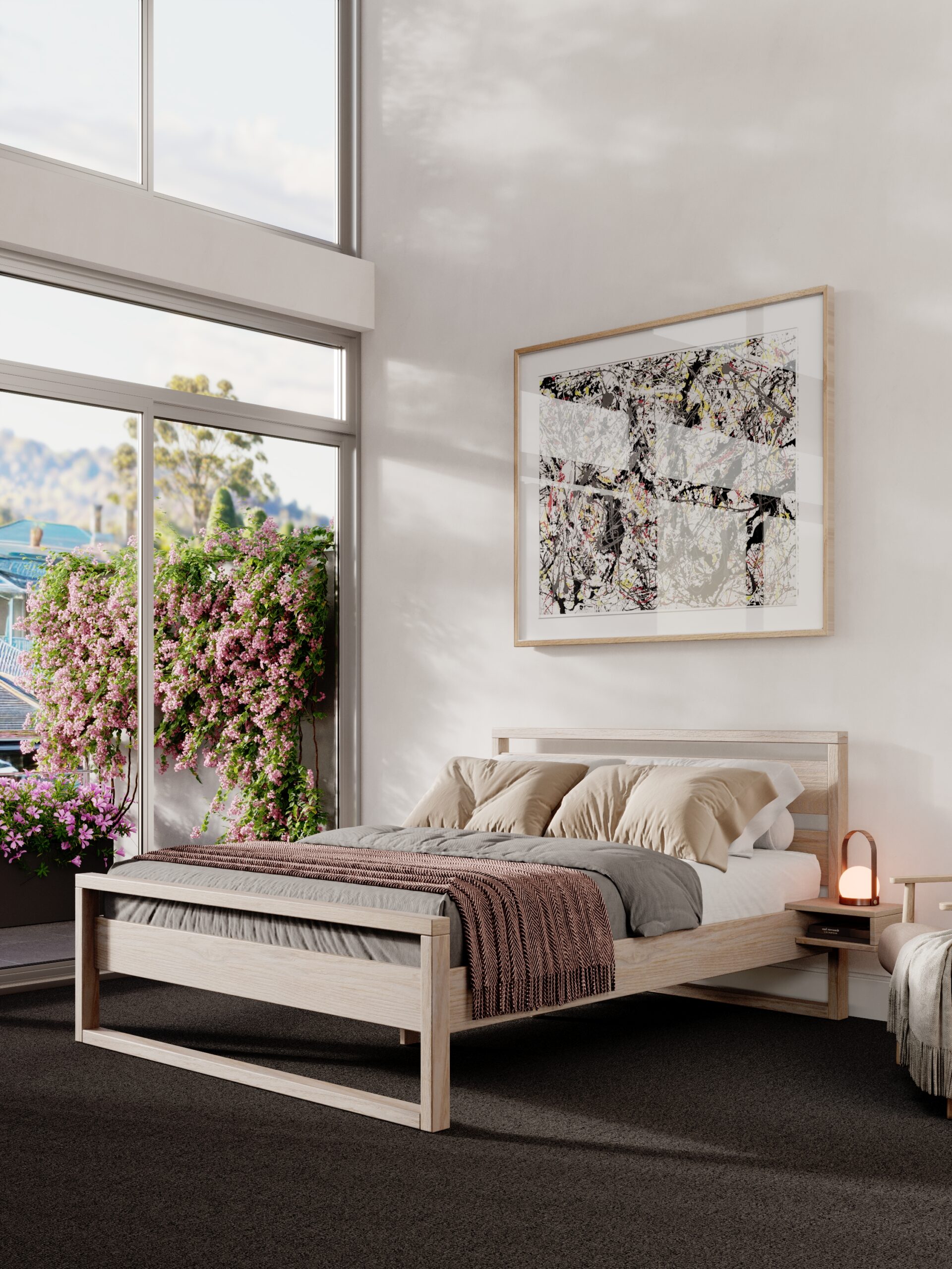 Natural wood Salerno bed 160x210 in a bright modern bedroom